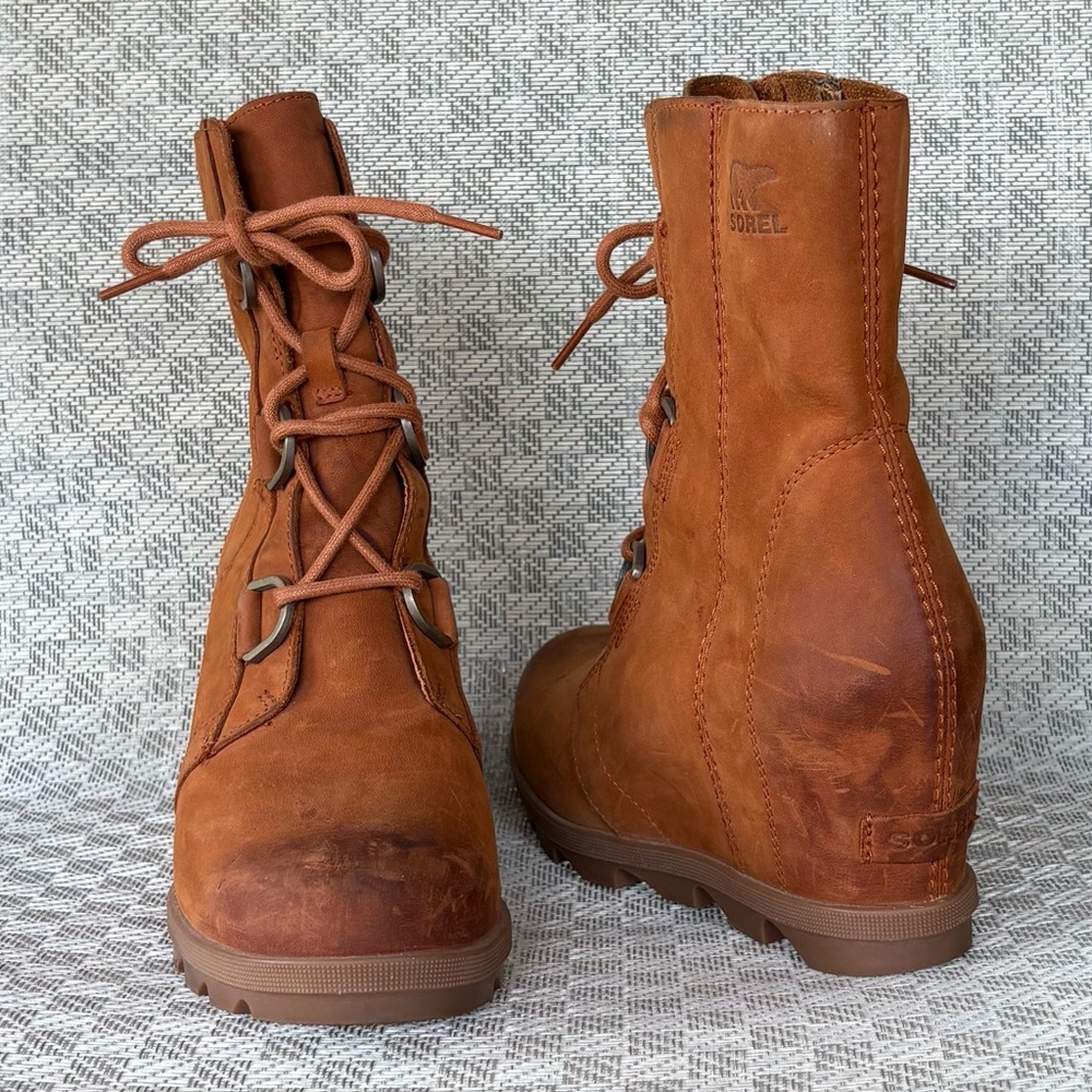 Sorel Joan of Arctic II Lace Up Wedge Leather Boots Iced Tea Size 9